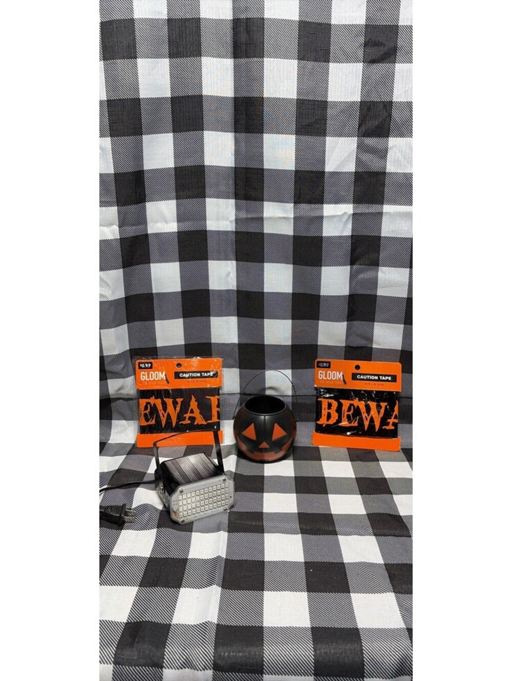 Lot Halloween Decorations 4 Pcs. Beware Sign, Bucket & Strobe Light